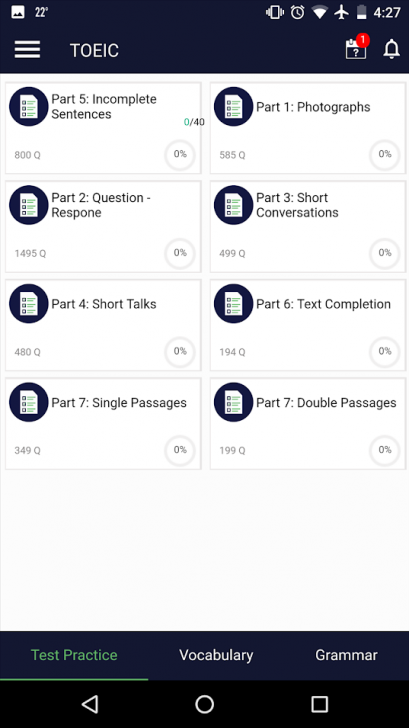 ภาพตัวอย่างแอป TOEIC Test Pro 2018